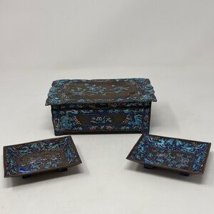VINTAGE Chinese Enamel 3 Piece Smoking Box Set